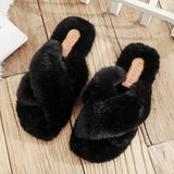Women Warm Fluffy Slippers Cozy Faux Fur Cross Indoor Floor Slides Flat Soft Furry Ladies Cotton Slippers Flip