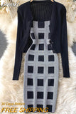 Women knit two piece set plaid print spaghetti strap bodycon mini dress and long sleeve knit cardigan suits womens clothing