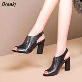 Leather High Heeled Sandals Woman Summer Heels Shoes Peep Toe Chunky Heel Sexy for Female Korea Style Black