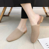 Women Mules Slippers Female Summer Flats Sandals Knit Fabric Stretch Slides Holiday Beach Shoes Square Heel Square Toe