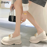 Platform Shoes Solid Black Soft PU Leather Loafers Casual Female Slip-on Flats Fashion Metal Decor Height Increasing