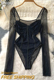 New Stylish Black Bodysuits for Women Sexy See Through Mesh Patchwork Long Sleeve Square Collar Slim Stretch Body
