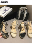 Shoes for Women Luxury Sandals 2023 Summer High Heels Clogs Wedge Suit Female Beige Buckle Strap Fashion High-heeled