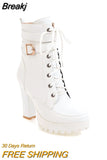 Heels Women Ankle Boots Lace Up Fall Winter Platform Ladies Boots Large Size Fashion Shoes White Black Brown