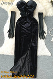 Sexy Black Strapless Velvet Dress Women Retro Style Sleeveless Backless Slim High Split Evening Party Dress with