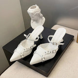 Spring Pointed Toe Mules Sandals Women Fashion Thin High Heels Party Dress Shoes Woman Metal Buckle Stiletto Heel