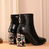 Women's Thick High Heel Ankle Boots Women's Pointed Tip Warm Elegant White Black High Quality Short