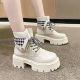 Boots Rock Shoes Woman Round Toe Lace Up Plush Winter Footwear Boots-Women Med Lolita Fur 2023 Autumn Ankle Solid Rome