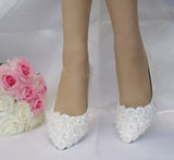 HOT White Flower Lace Wedding Shoes Low-Heeled 5CM Pearl Bridal Shoes Princess Pumps Platform Shoes Women Plus Size