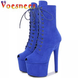 New 17CM Pole Dance Heels Boots High Heels With Platform Lace Up Zip Ankle Boots Custom Peep Toe Women Shoes Stripper