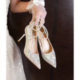 Dress Bridal Shoes Lace-up Pearl Pumps New String Bead Women Pointed Toe Thin High Heel Fashion Party