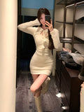 Color Short Party Dress Elegant Bodycon Knitted Mini Dress Woman 2023 Spring One Piece Dress Korean Fashion Slim