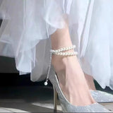 Dress Bridal Shoes Lace-up Pearl Pumps New String Bead Women Pointed Toe Thin High Heel Fashion Party