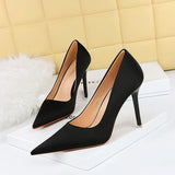 Breakj Korean Version Of Fashion Simple Versatile High Heels Fine Heel High Heel Shallow Pointed Spring Silk Satin Women's Single