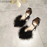 Hairy High Heels Womens Shallow Mouth Word Buckle Fairy Style Pointed Toe Stiletto Party Dress Shoes Pink Fur Pumps