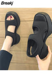Sandals Woman Leather Low-heeled Hoof Heels Slides Fabric Rome PU Low Sandals Woman Leather Low-heeled Rome Hoof Heels