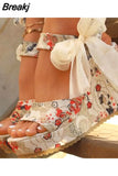 Dropship Platform Wedges Mules Sandals 2023 Summer New Floral Pattern Slide Sandals Comfy Beach Shoes Outside Slider