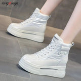 Winter new fashion round head sports shoes to keep warm thick bottom plus velvet lace-up casual running shoes women's