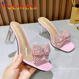 Fashion Girl Bow Crystal Slippers Sexy Transparent Dress Heel Shoes Summer Pearl Bowknot Design 2023 Elegant Party