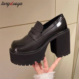 heels loafers Women Shoes Black Chunky Heel Pumps Leather Lolita Style Platform Cover Heel Slip-On Sexy Shoes Lady