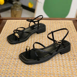 Women 2023 Summer New Fashion Square Toe Roman Shoes Simple Fairy Strap Women Shoes Flat Casual Shoe Sandalias De