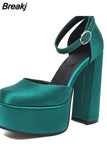 Chunky Heeled Satin Ankle Strap Pumps 2023 Spring Summer High Heel Wedding Shoes Walking Comfy Women Sandal Big Size
