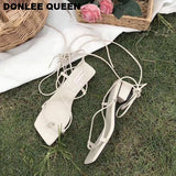 Square Toe Sandals Women Low Heel Lace Up Sandal Back Strap Cross-tied Summer Shoes Women Gladiator Sandal Big