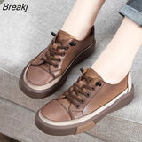Genuine Leather Retro Women Sneakers Casual Lace Up Flat Ladies Shoes Fashion Breathable Comfort Women's Flat