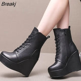 2023 Fashion Genuine Leather Autumn Winter Boots Platform Wedges High Heel Boots Black Women's Boots Plus Size
