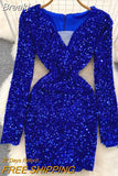 Sexy Women Sequins Glittering Mini Party Dress Elegant Mesh Patchwork V-neck Long Sleeve Slim Bodycon Club Velvet