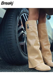 Women's Knee High Boots Lock Buckle Strap Slip-on Black Boots Thick Bottom Designer Shoes Luxury Brand Leather Boots For
