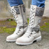 Mujer Women's Winter Side-pull Lace-up Knitted Mid-tube Boots Low-heeled Round-toe Boots High-quality Winter Warm Boots