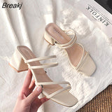 Women Sandals Ladies Square Heels Elegant Summer Slippers Outside Cross Tied Leather Female Slides 2023 Fashion Woman