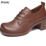 Women Pumps Office Handmade Lace Up Round Head Square Heel Shoes Women Genuine Leather Comfortable Women's