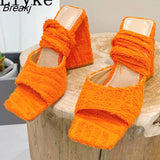 Fashion Triangle High Heels Gladiator Sandals Women Summer Corduroy Square Toe Ankle Lace-Up Lady Party Dress Shoes