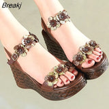 Genuine Leather Retro High Heels Sandals Women Shoes Buckle Strap 2023 New Spring Summer Wedges Lady Platform