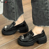 Loafers Platform Women Loafers Fashion Round Toe Chunky Heels Retro Flat Shoes Female Slip on Casual Dress Women