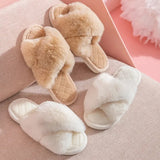 Winter New Furry Slippers Women Cross Strap Fluffy Fur Home Slides Woman Soft Sole Non Slip Indoor Floor Ladies Flip