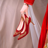 Wedding Shoes Women's Winter 2023 New Embroidered Bride's Shoes Red High Heels Suede Stiletto Shoes Clothing