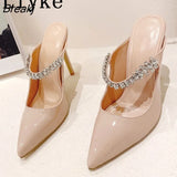 Brand Fashion Rhinestone Women Pumps White Leather Thin High Heels Mules Sandals Sexy Pointed Toe Stiletto Shoes