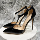 Summer Women T-Strap Pointy Toe High Heel Shoes Solid Glossy Black Sexy Ladies Formal Dress Stiletto Pumps