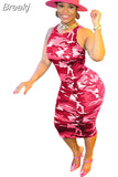Fashion Camouflage Print Bodycon Mid Dresses Women Thin Strap Slim Vestidos Summer Female Streetwear Dress 2023