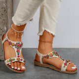 Women's T-Strap Colorful Beaded Flat Sandals Open Toe Elastic Ankle Strap Gladiator Shoes Woman Summer Bohemian Beach