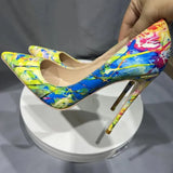 Hawaii Style Women Oil Painting Printed Patent Pointed Toe High Heels Fashion Ladies Stiletto Pumps Large Size