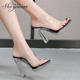slippers women 2023 Summer New Transparent Word Female Slides Square Crystal Heel High Heels 11cm Women Catwalk