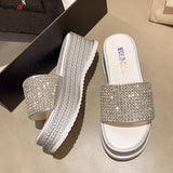 slippers Sequined High-heeled One-word Slippers Women Summer Outer Wear Platform Beach Comfort Sandals slippers