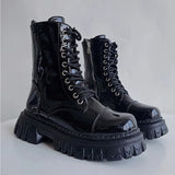 Patent Leather Punk Motorcycle Boots Women 2023 Lace Up Platform Ankle Boots Woman Thick Bottom Short Booties