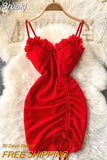 Women Spaghetti Strap V-neck Mini Party Dress Fashion Summer Sleeveless High Waist Drawstring Ruched Bodycon Club