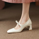Women's Wedding Shoes Bow Mary Jane Shoes High Heels Retro Pumps Vintage Dress Shoes Embossing Zapatos Mujer