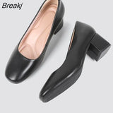 Genuine Leather Women's Work Shoes Pumps Thick Heels Round Head Shoes Soft Sole Professional Non-slip Hotel Work